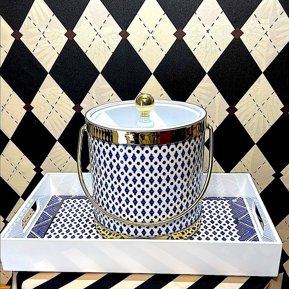 Blue & White Ice Bucket & Tray Set with Gold Trim | Bar Cart Glam - Picture 9 of 14